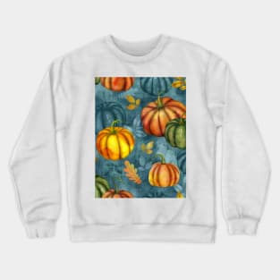 Pumpkins and different fall leaves seamless watercolor pattern. Autumn colorful composition. Thanksgiving textural background Crewneck Sweatshirt